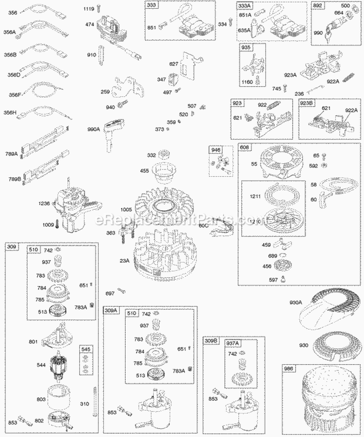 Alternator Electric Starter Electrical Flywheel Flywheel Brake Ignition Rewind Starter Diagram and Parts List for 12H812-2320-B1  Briggs and Stratton Engine